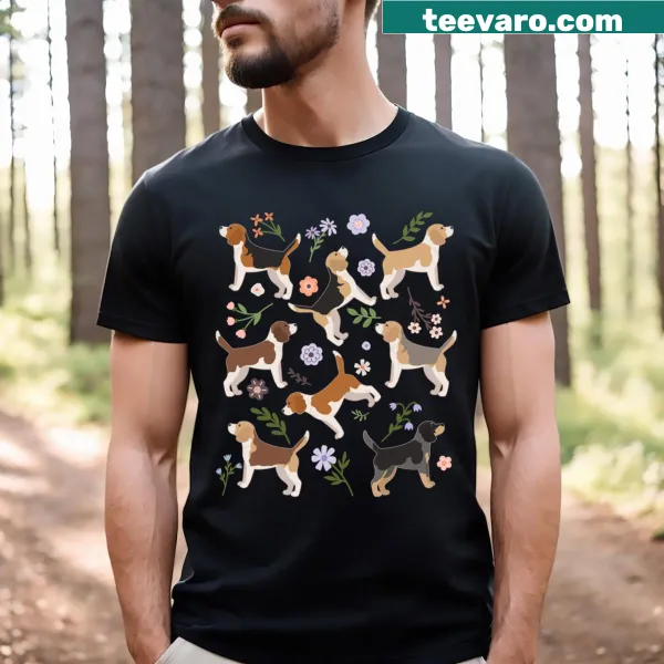 Beagle surrounded by flowers illustrated on a t-shirt.