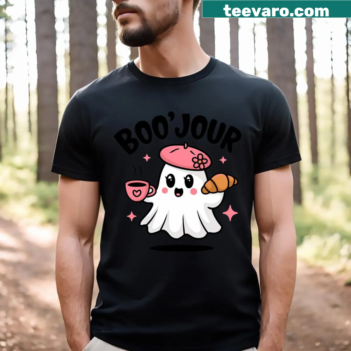 Humorous T-shirt with 'Boo Jour' phrase and ghost graphic for teachers — on a men's t-shirt