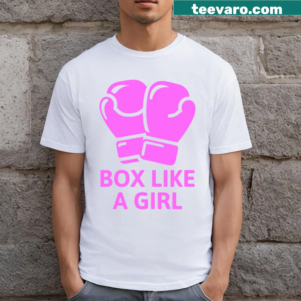 Bold text shirt with the phrase 'Box Like A Girl!' in pink for girls' boxing. — on a men's t-shirt