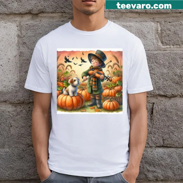T-shirt with an illustration of a boy in a top hat playing violin with a puppy and birds
