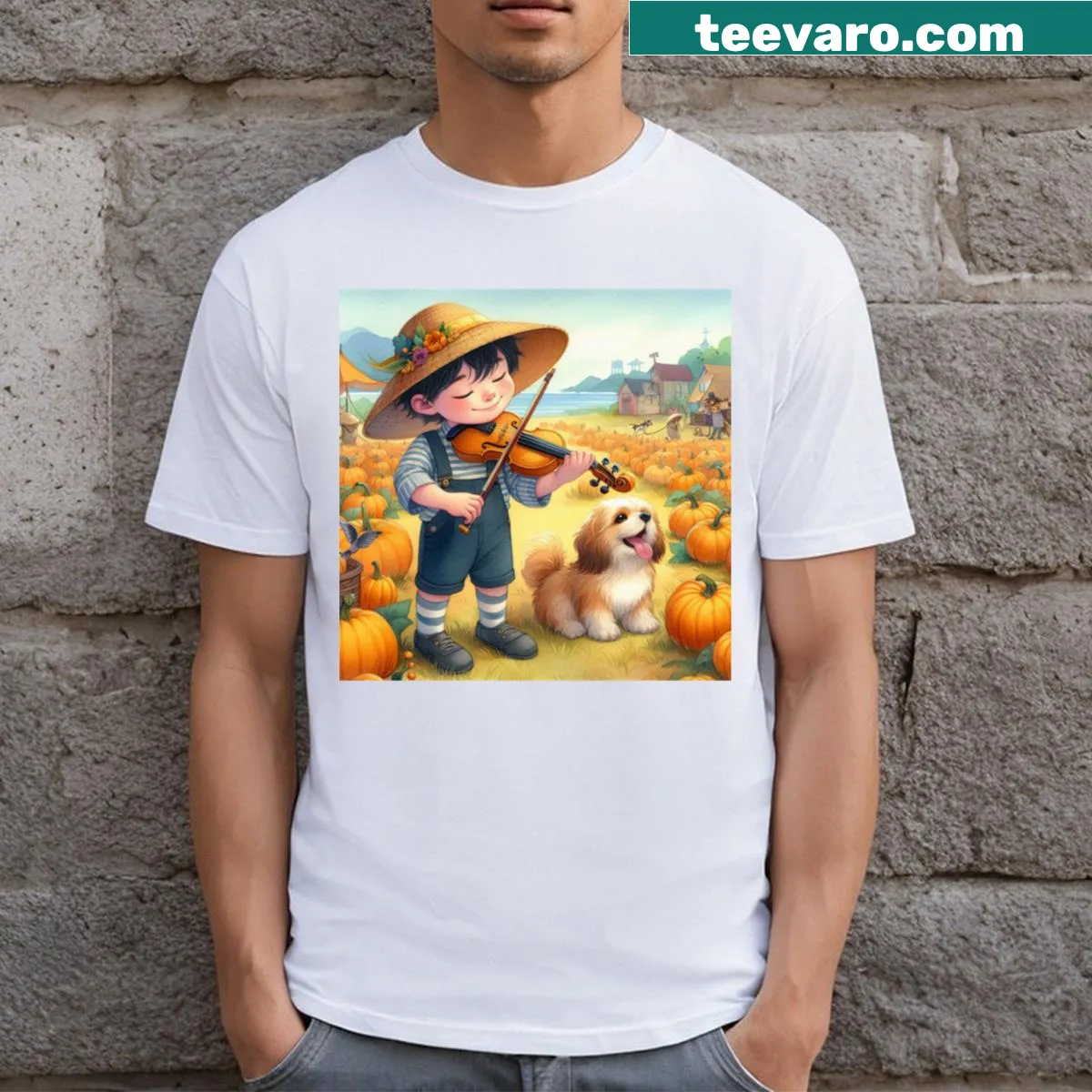 Illustration of a boy playing violin with a puppy in a pumpkin field. — on a men's t-shirt