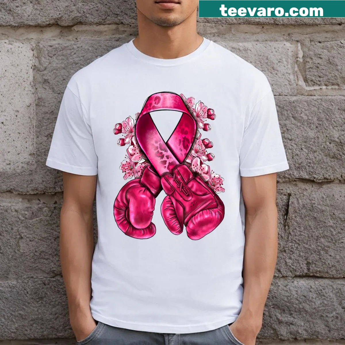 Bold t-shirt stating 'Breast Cancer' for awareness and support. — on a men's t-shirt