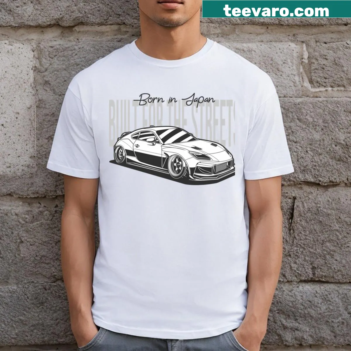Subaru BRZ themed T-shirt with playful street racing graphic — on a men's t-shirt