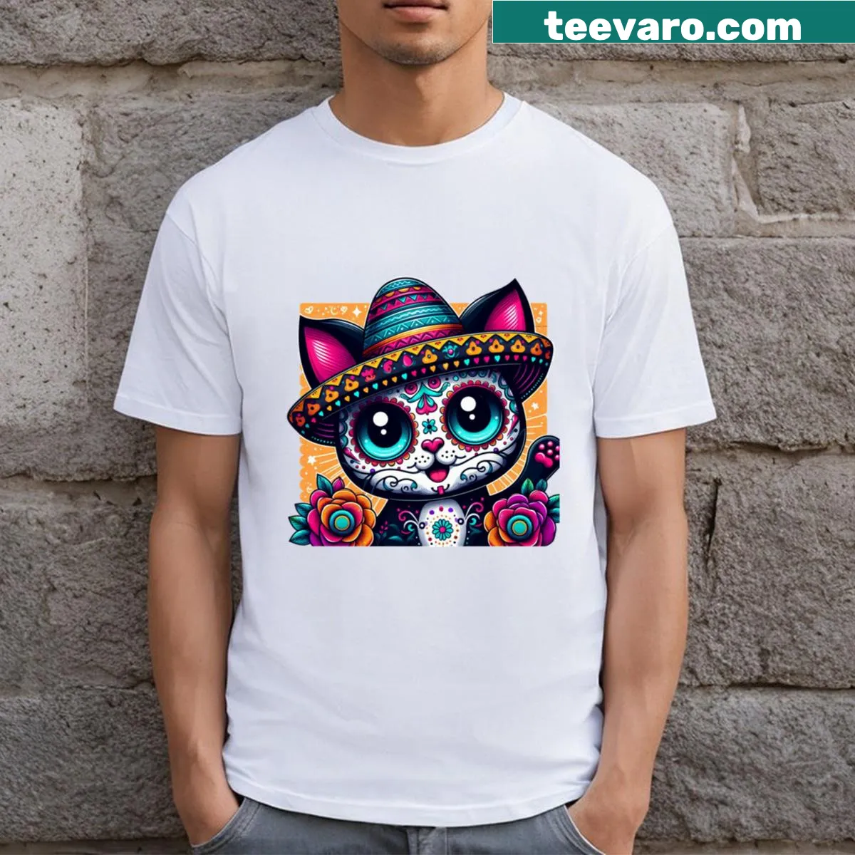 Playful cat design for Day of the Dead on a t-shirt — on a men's t-shirt
