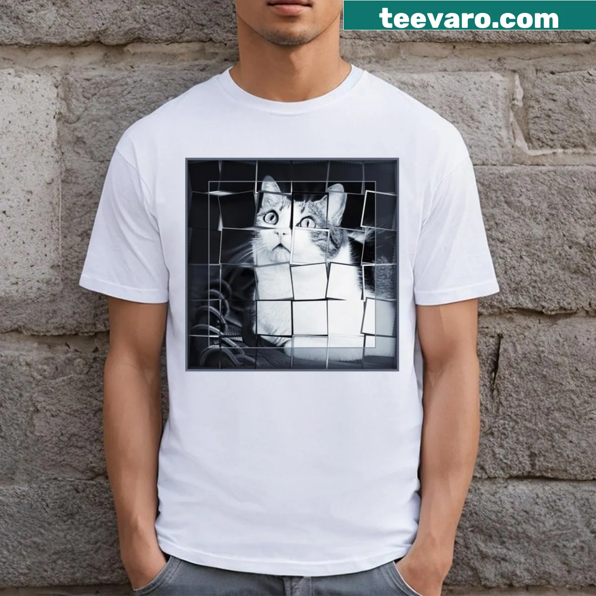 Long T-shirt featuring whimsical cat digital art — on a men's t-shirt