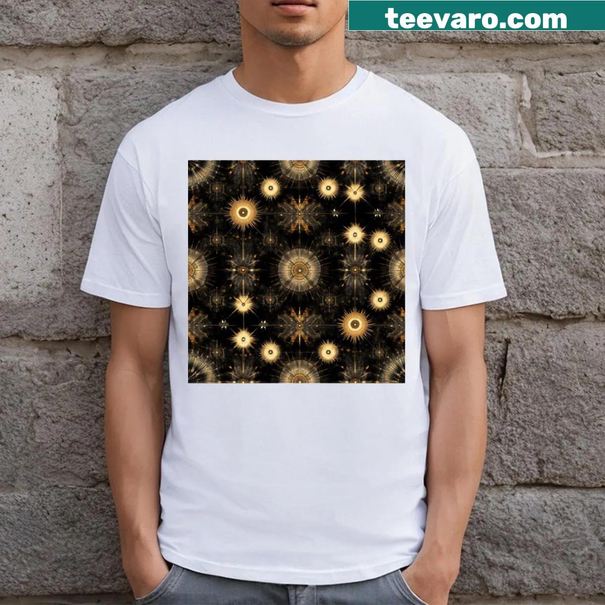 New Year's T-shirt with sacred geometry and celestial designs — on a men's t-shirt