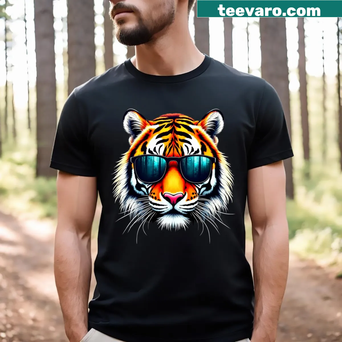 Illustration of a cool tiger in sunglasses on a t-shirt — on a men's t-shirt