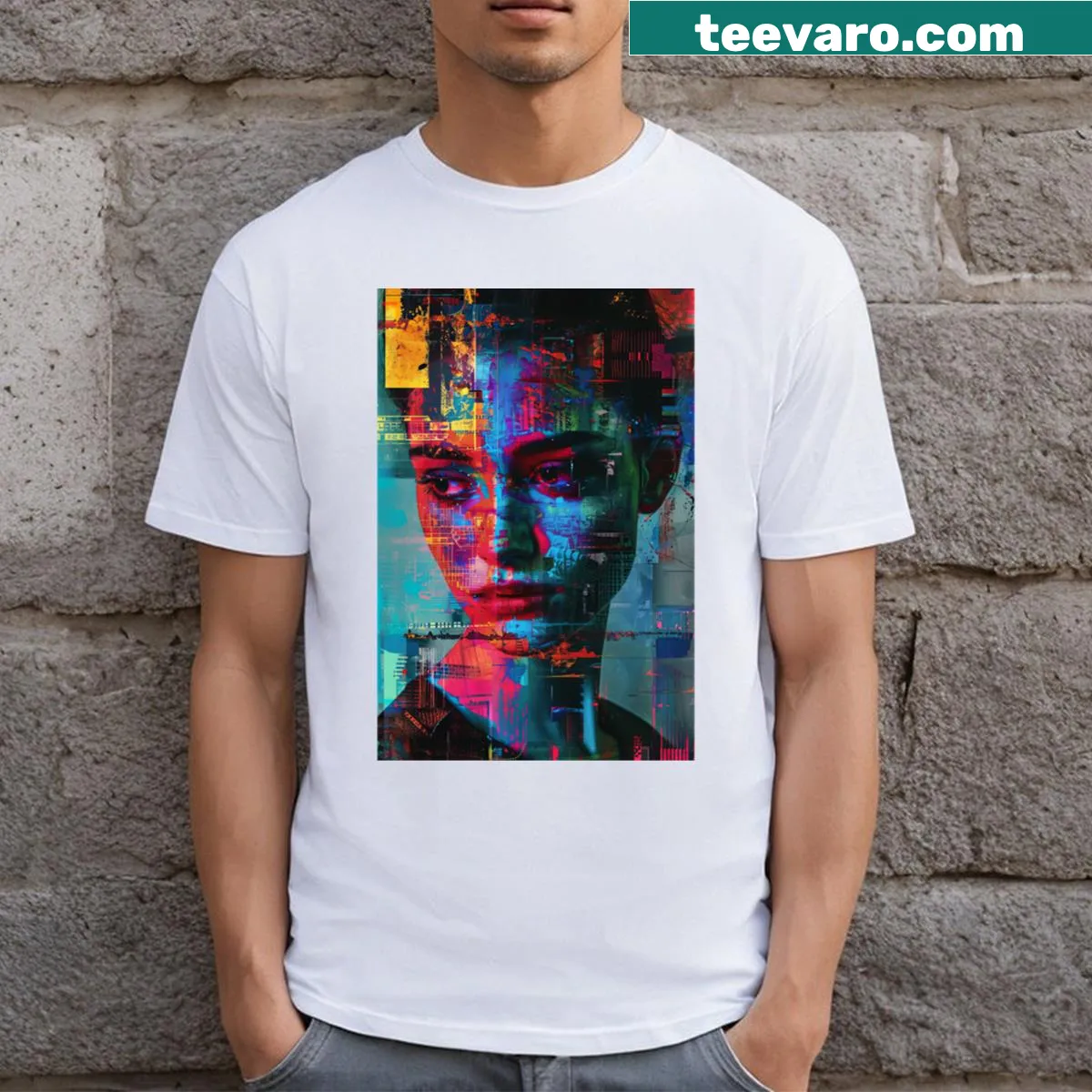 Digital distortion t-shirt with intense glitch effects and colors — on a men's t-shirt
