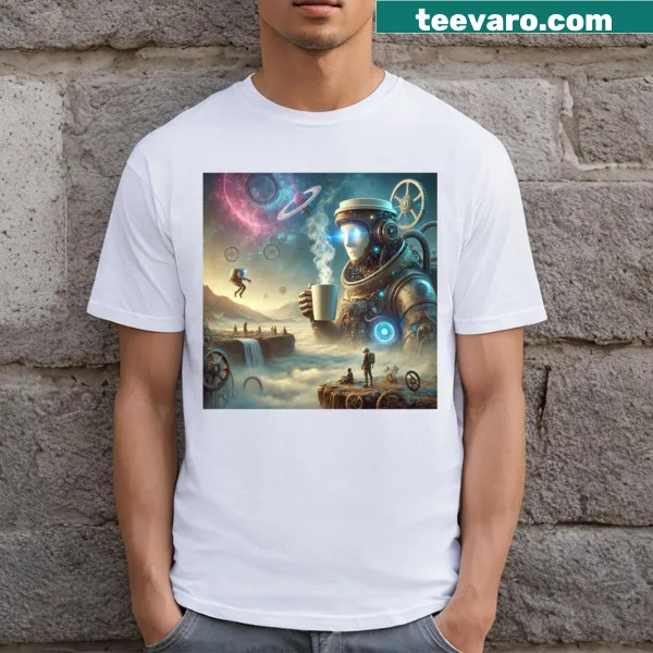 Long T-shirt featuring cosmic coffee graphic at the edge of space