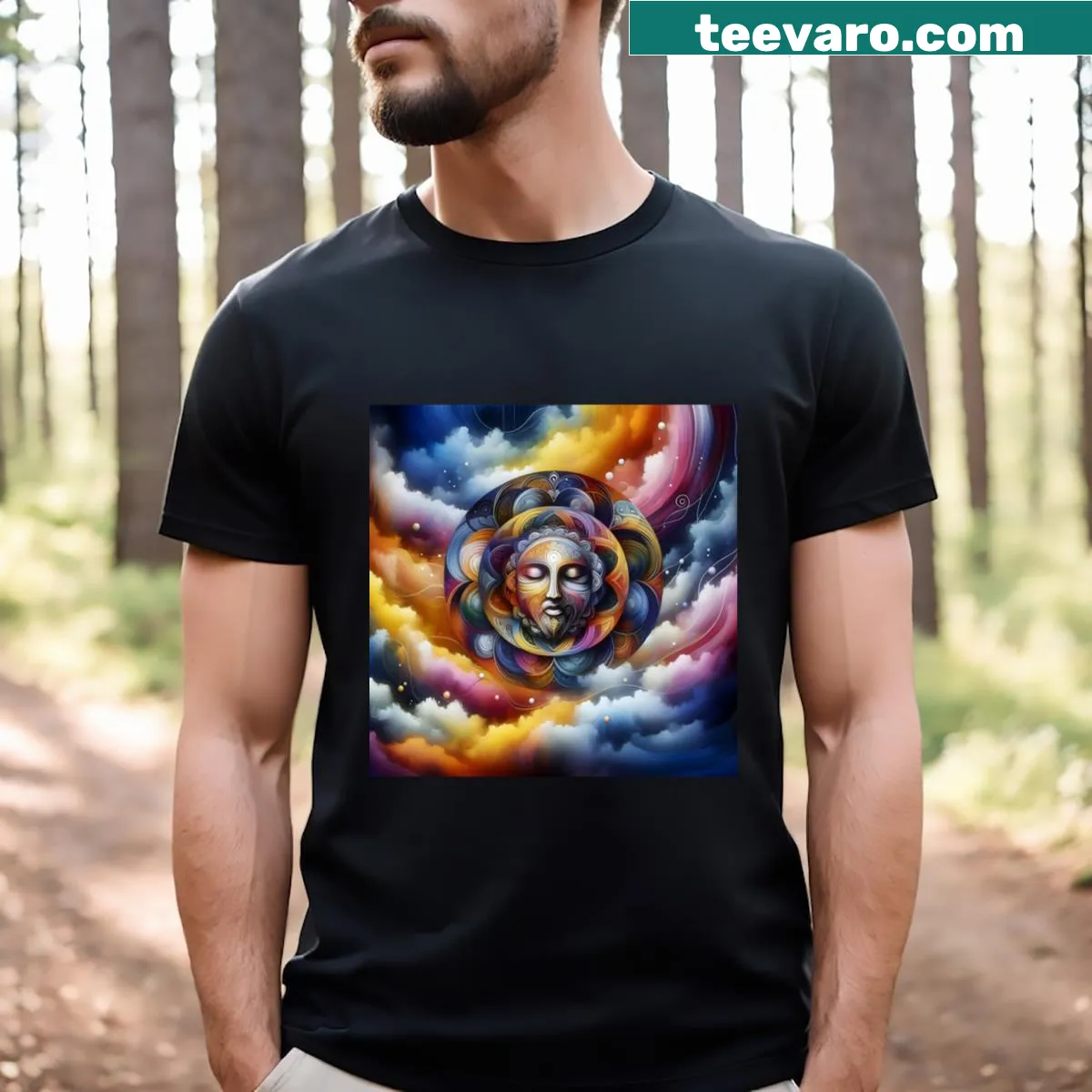 Cosmic face design t-shirt promoting meditation and universe connection — on a men's t-shirt