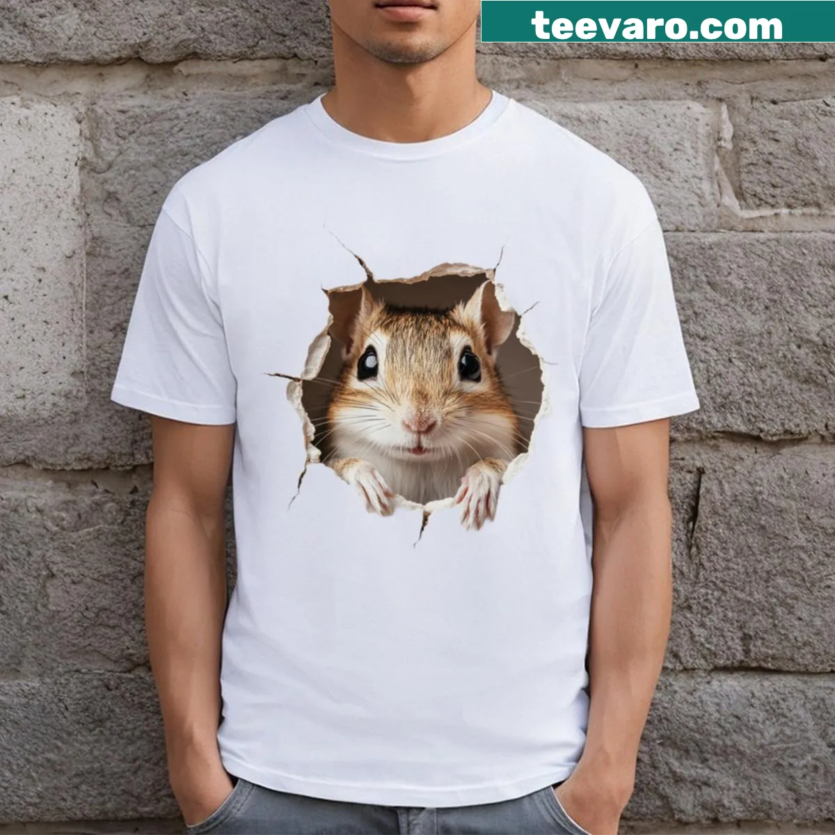 Illustration of a cute gerbil peeking through a wall on a T-shirt — on a men's t-shirt