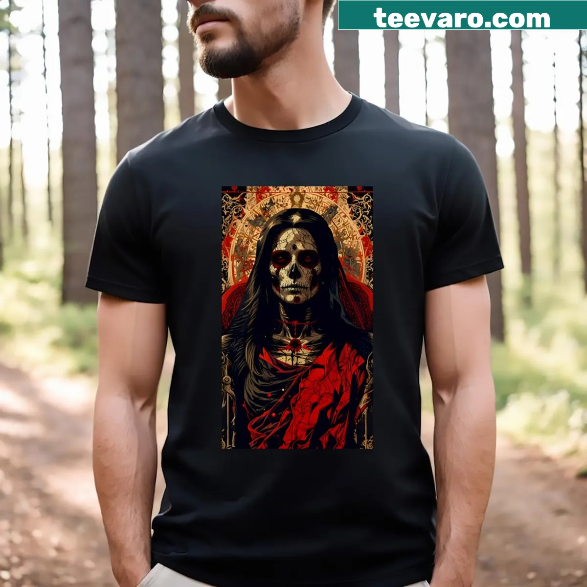 Bold graphic design featuring the word 'Death' on a long T-shirt — on a men's t-shirt