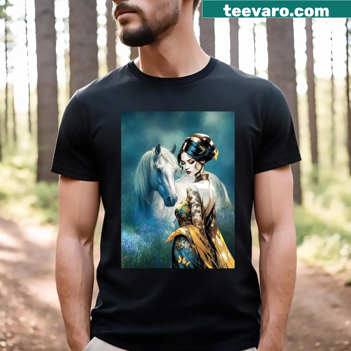 Fantasy-themed T-shirt showcasing a majestic roan horse in an illustrated style. — on a men's t-shirt