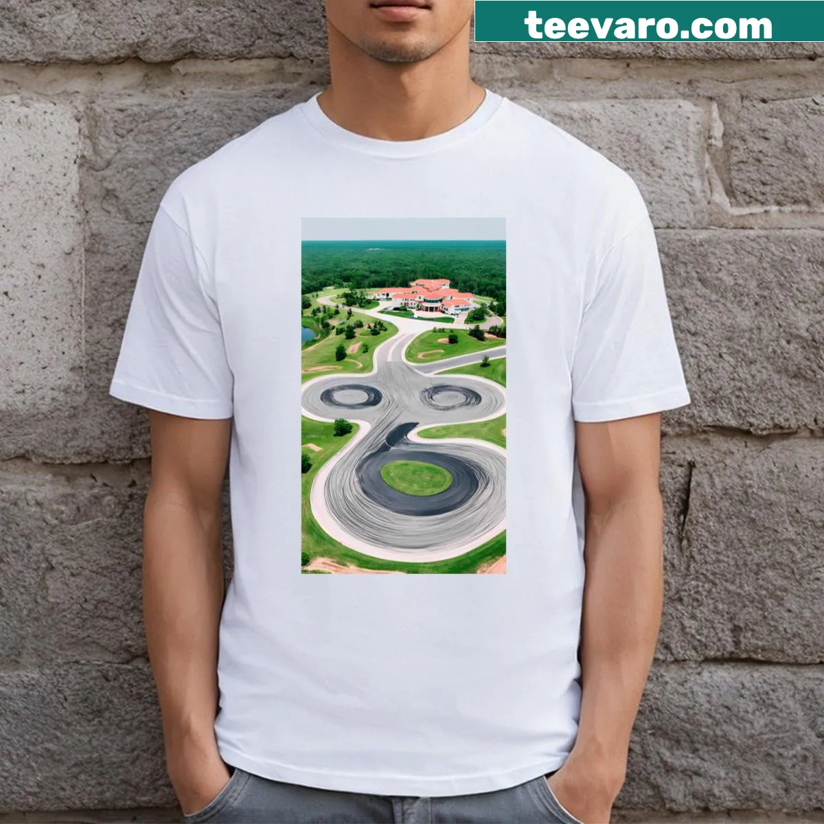 Illustrated T-shirt showing a mansion and skidpad, celebrating the drifting lifestyle. — on a men's t-shirt