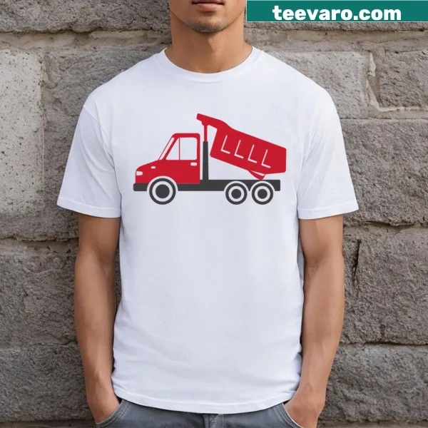 Playful T-shirt featuring a design of a dump truck in a fun typographic style.