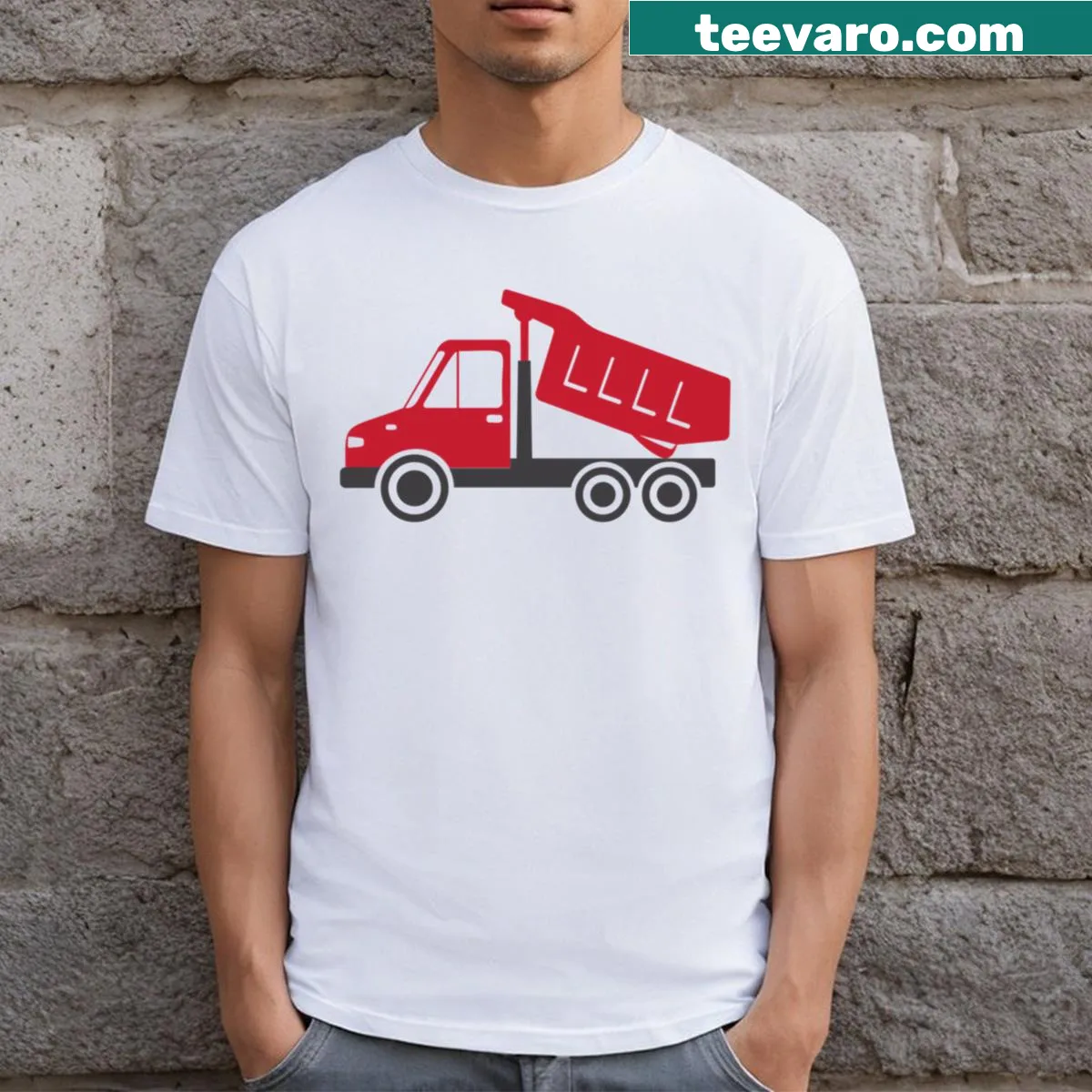 Playful T-shirt featuring a design of a dump truck in a fun typographic style. — on a men's t-shirt