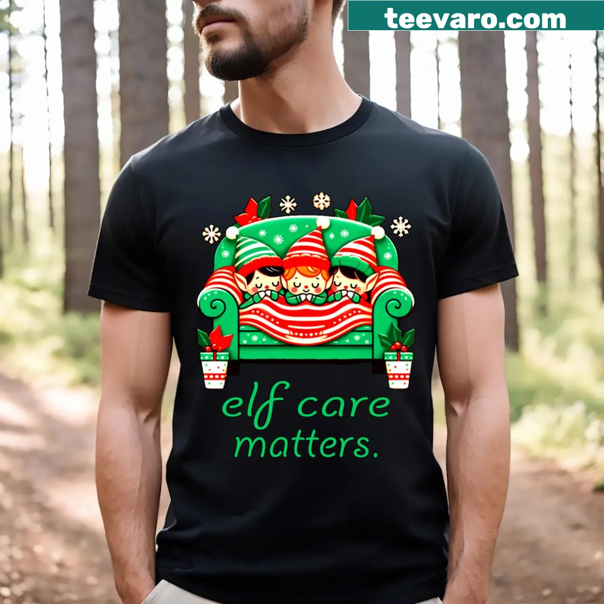 Active T-shirt featuring 'Elf Care Matters' in playful typography — on a men's t-shirt