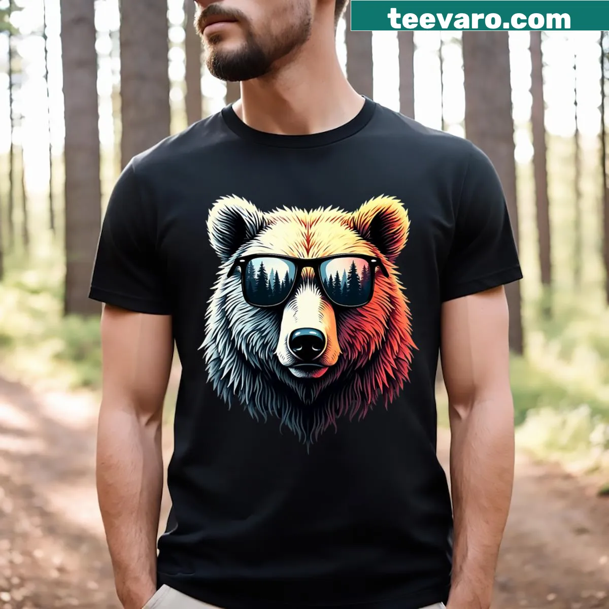Bear wearing sunglasses with humorous expression graphic t-shirt — on a men's t-shirt