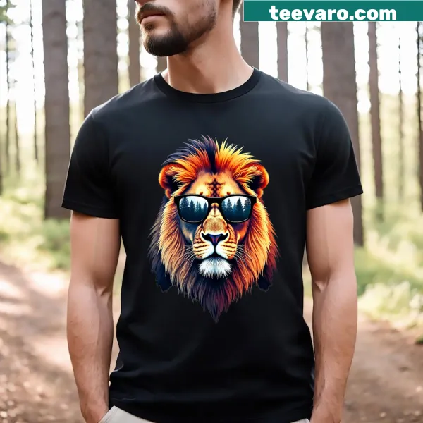 Lion in sunglasses graphic T-shirt designed for men with a humorous touch