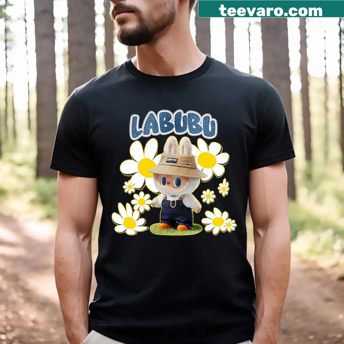 Cute Labubu with flowers graphic on T-shirt — on a men's t-shirt
