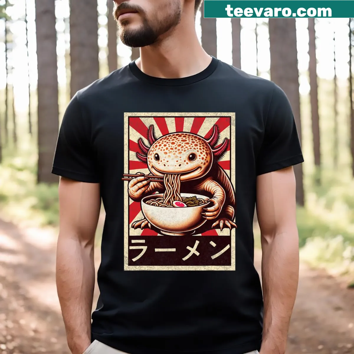 Axolotl eating ramen graphic t-shirt — on a men's t-shirt
