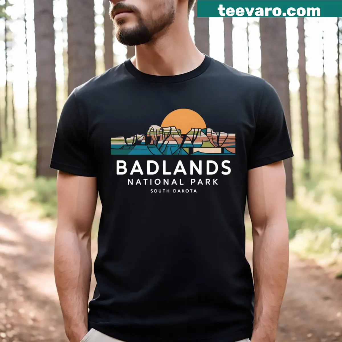 Geometric silhouette of Badlands National Park graphic — on a men's t-shirt