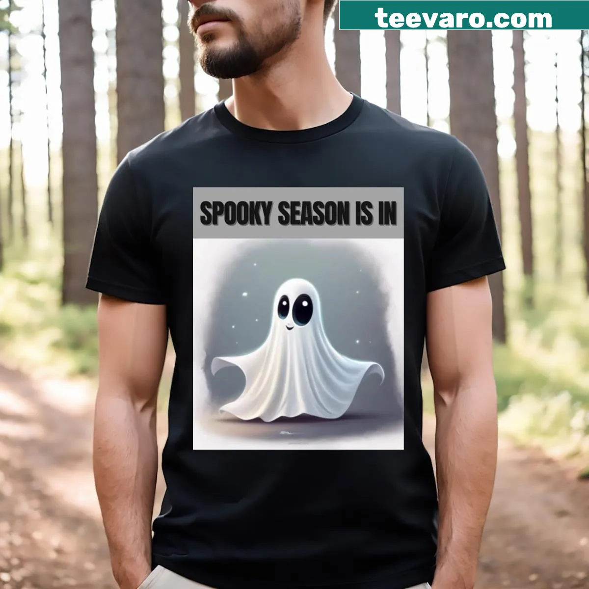 Ghost graphic t-shirt with spooky season text — on a men's t-shirt