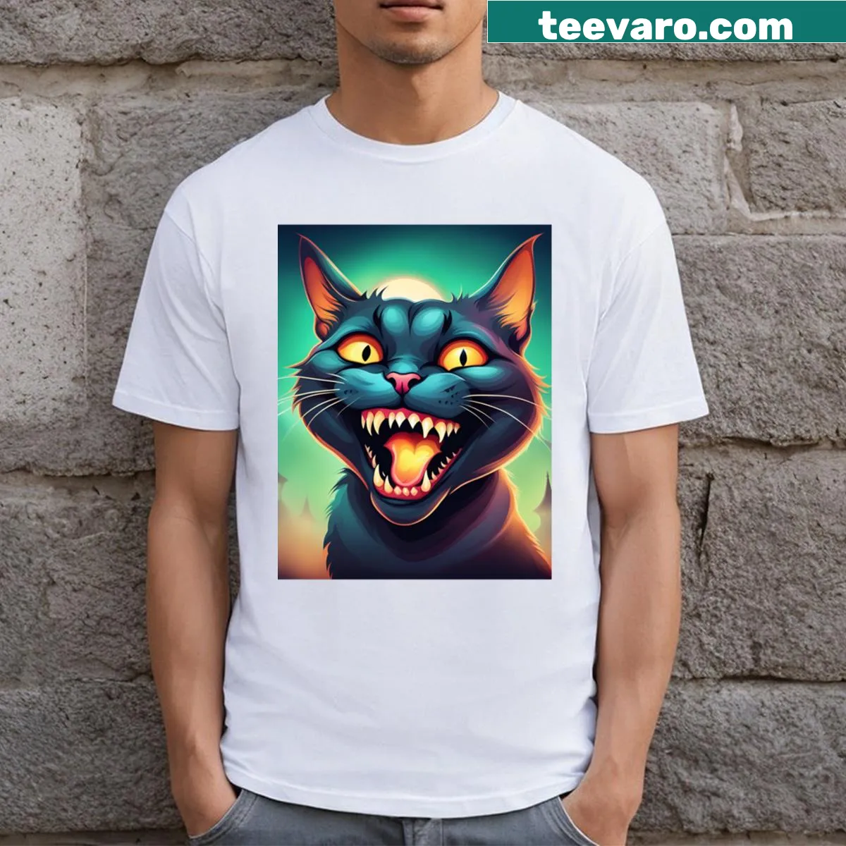 Halloween-themed T-shirt with a cat and friendly ghoul graphic — on a men's t-shirt