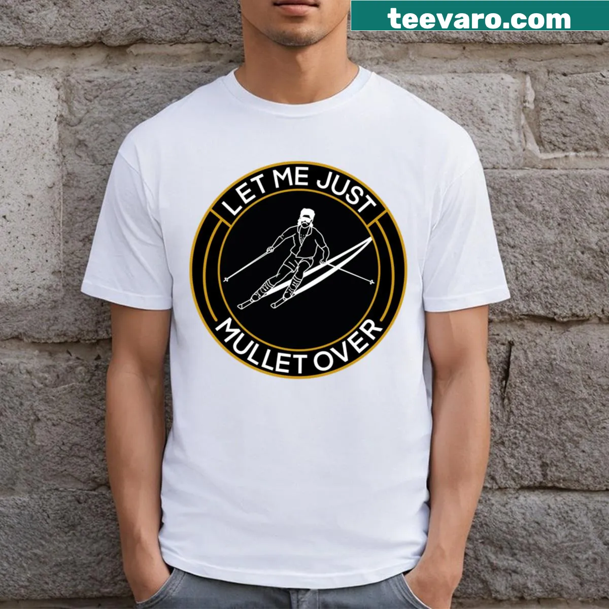 Black and white T-shirt featuring a humorous ski and mullet graphic. — on a men's t-shirt