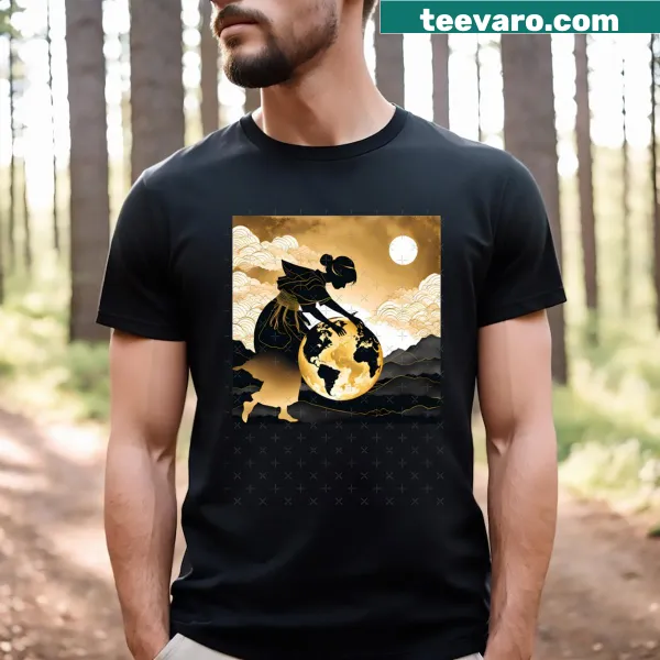 Minimalist T-shirt featuring AI-generated art of a golden Earth