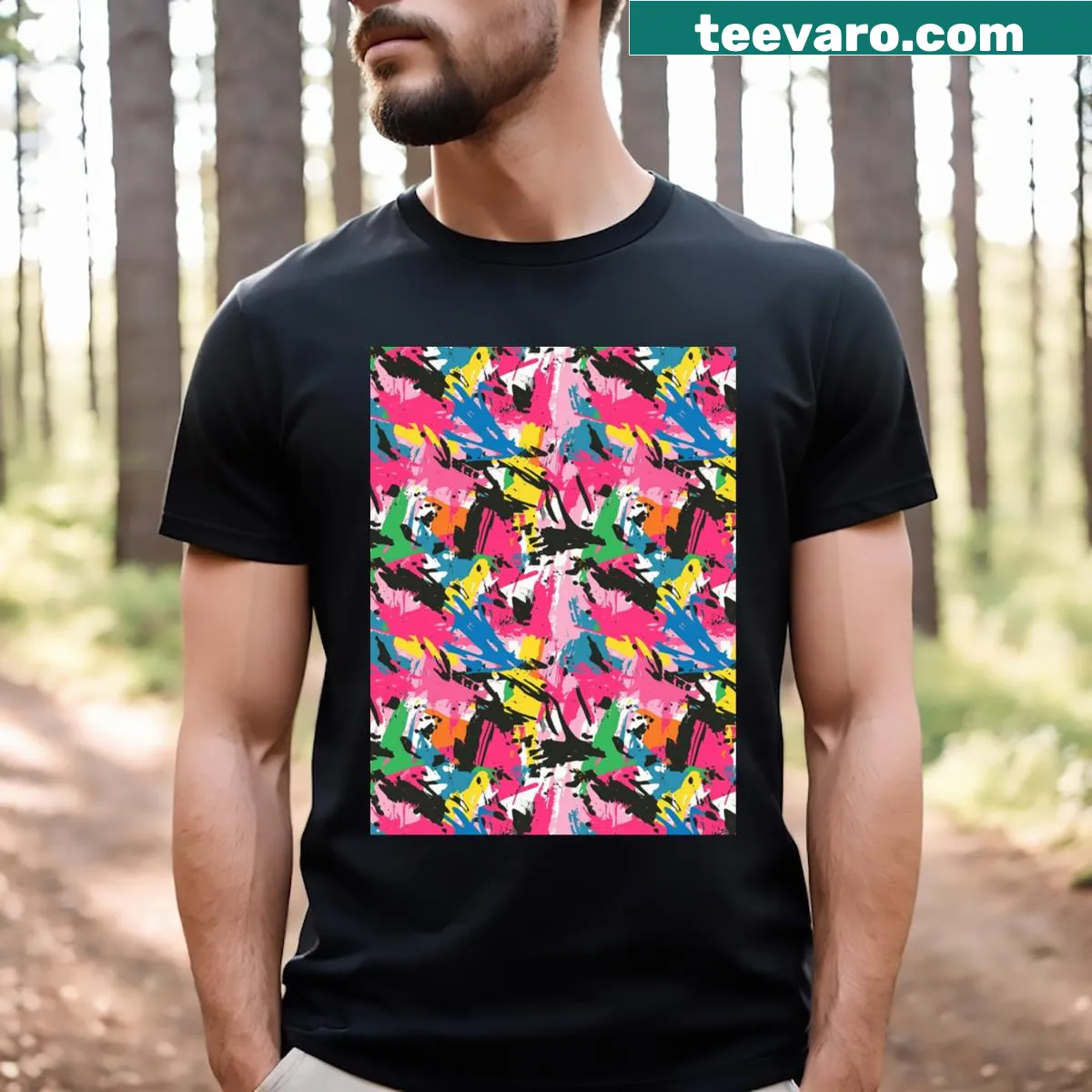 Graffiti-style camouflage graphic T-shirt with urban-inspired design — on a men's t-shirt
