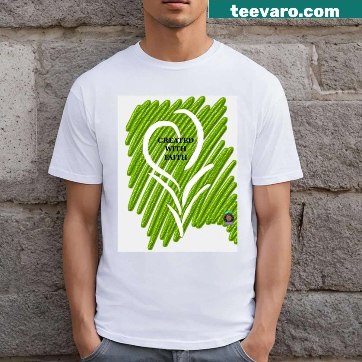 Whimsical floral design embedded in an illustration on a long T-shirt — on a men's t-shirt