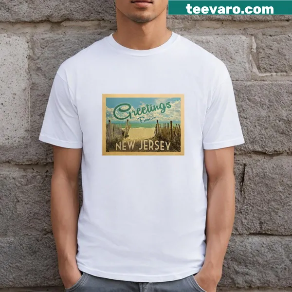 T-shirt featuring a graphic that says 'Greetings From New Jersey.'