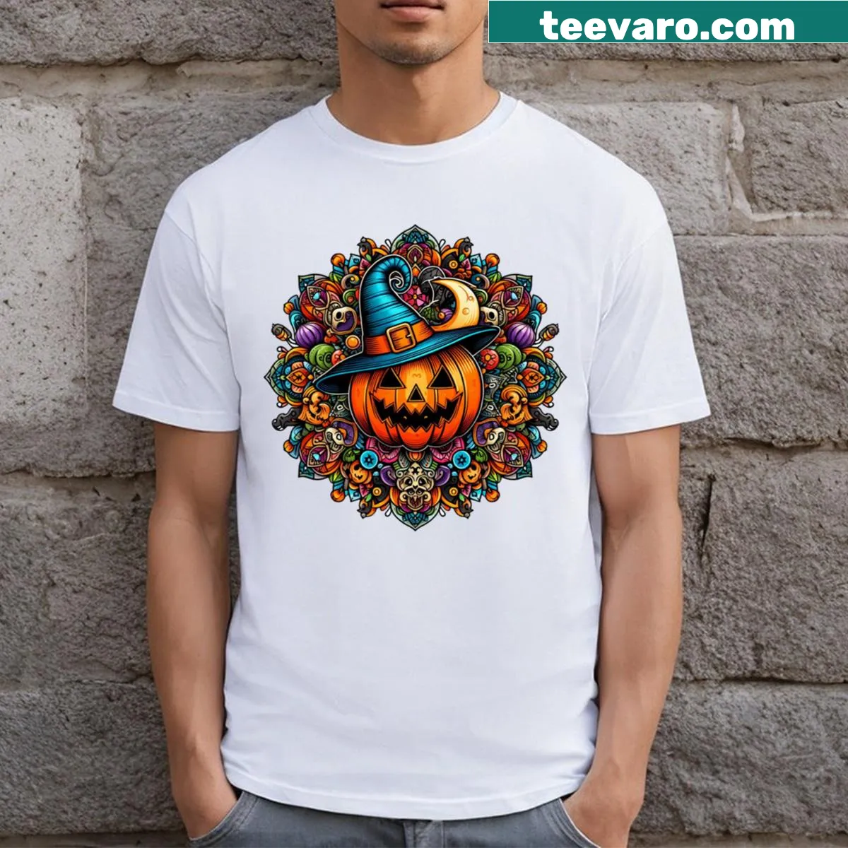 Halloween-themed t-shirt with playful illustrations — on a men's t-shirt