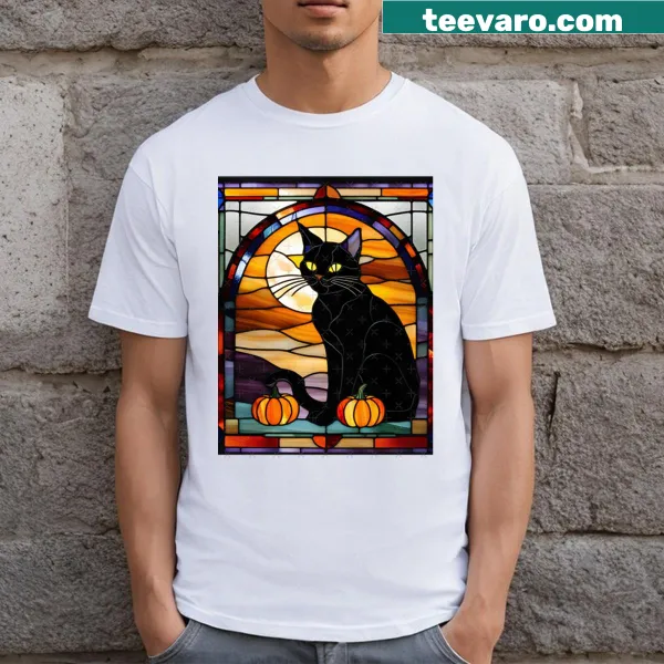 Cartoon black cat and text Hiss Terical Haunts on Halloween T-shirt