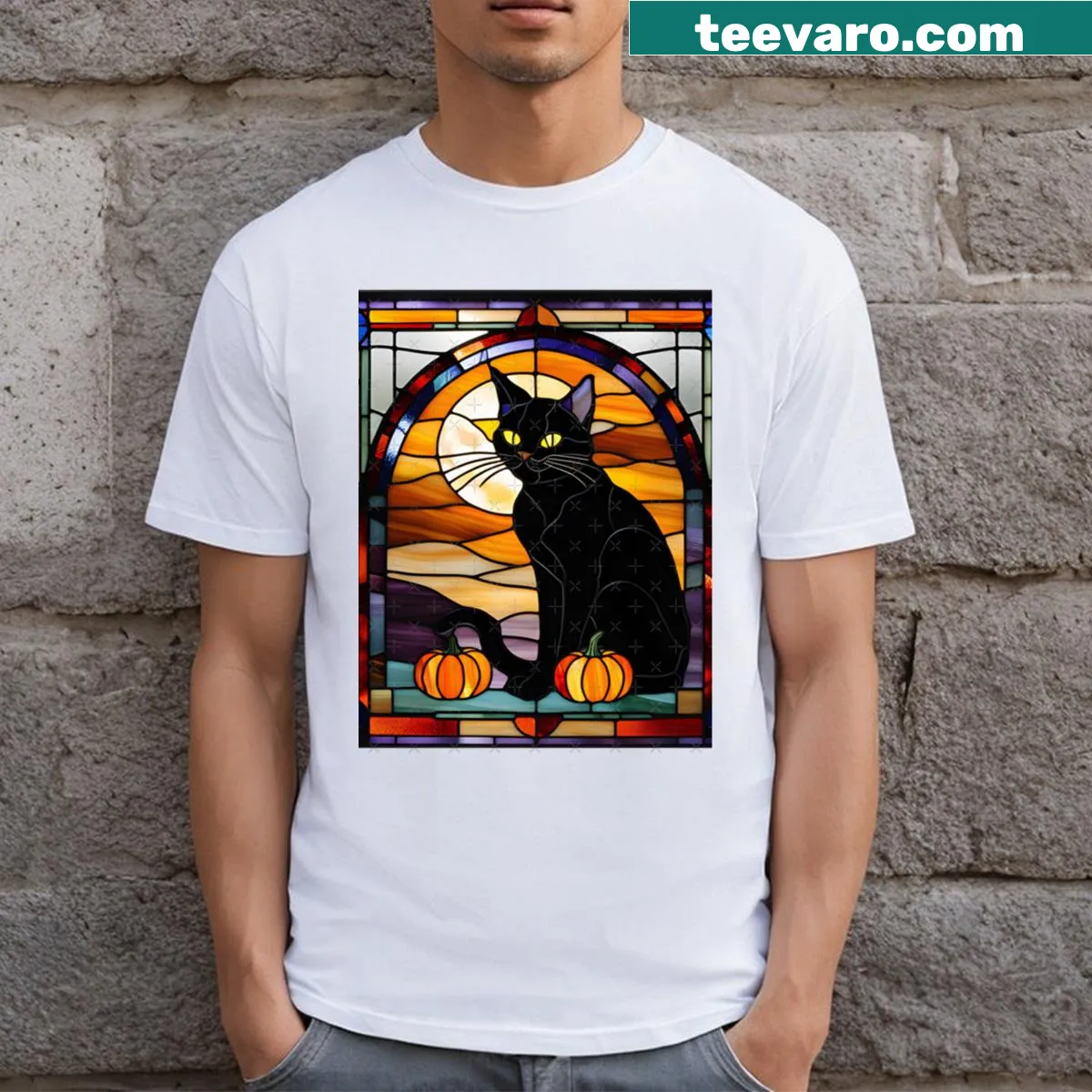 Cartoon black cat and text Hiss Terical Haunts on Halloween T-shirt — on a men's t-shirt