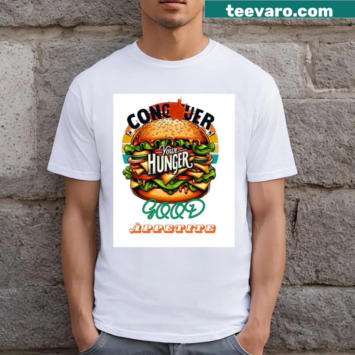 T-shirt featuring a whimsical design centered around hunger — on a men's t-shirt