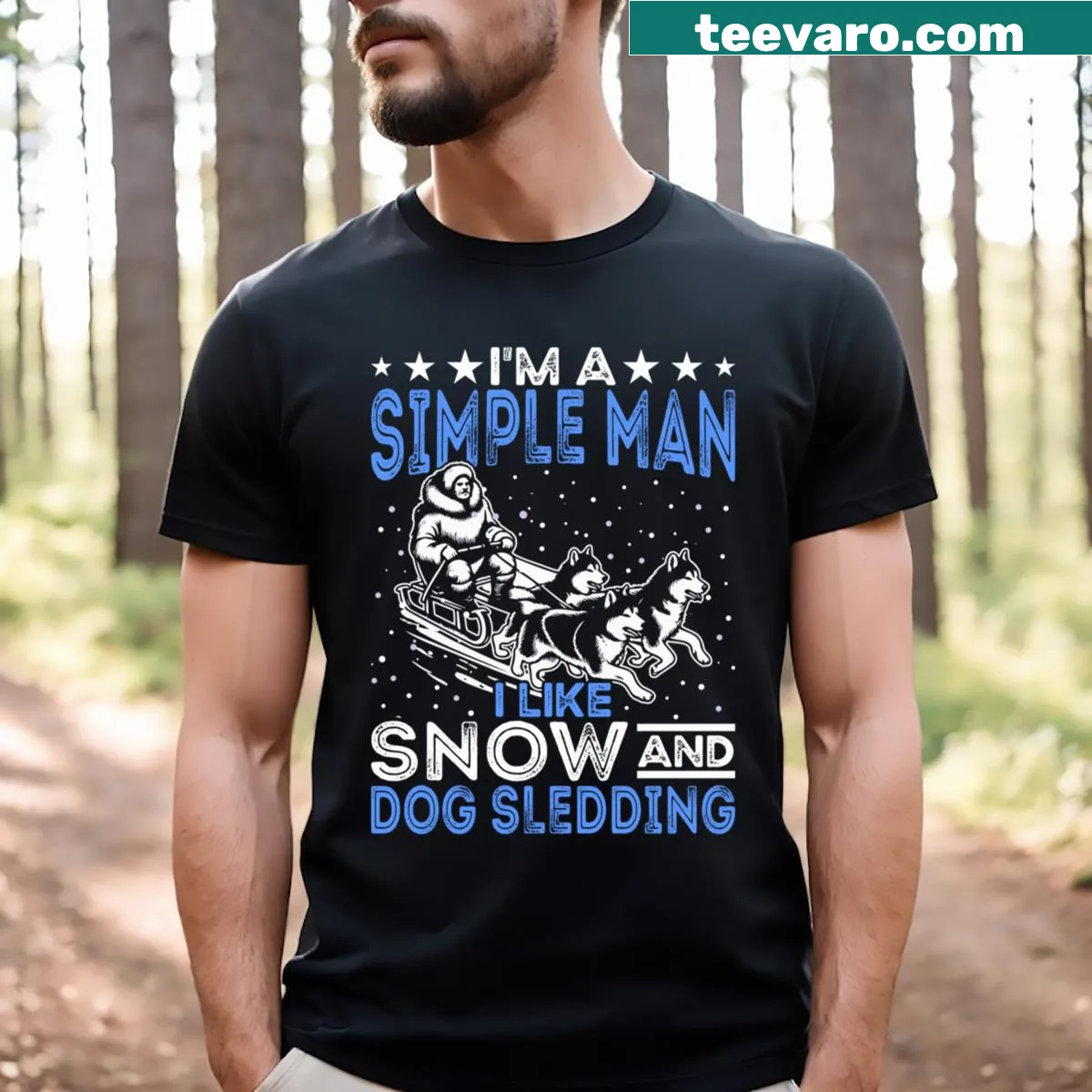 Typography shirt celebrating dog sledding and snow with playful text — on a men's t-shirt