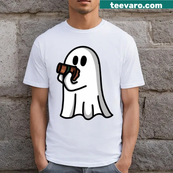 Quirky T-shirt with a ghost holding iced coffee.