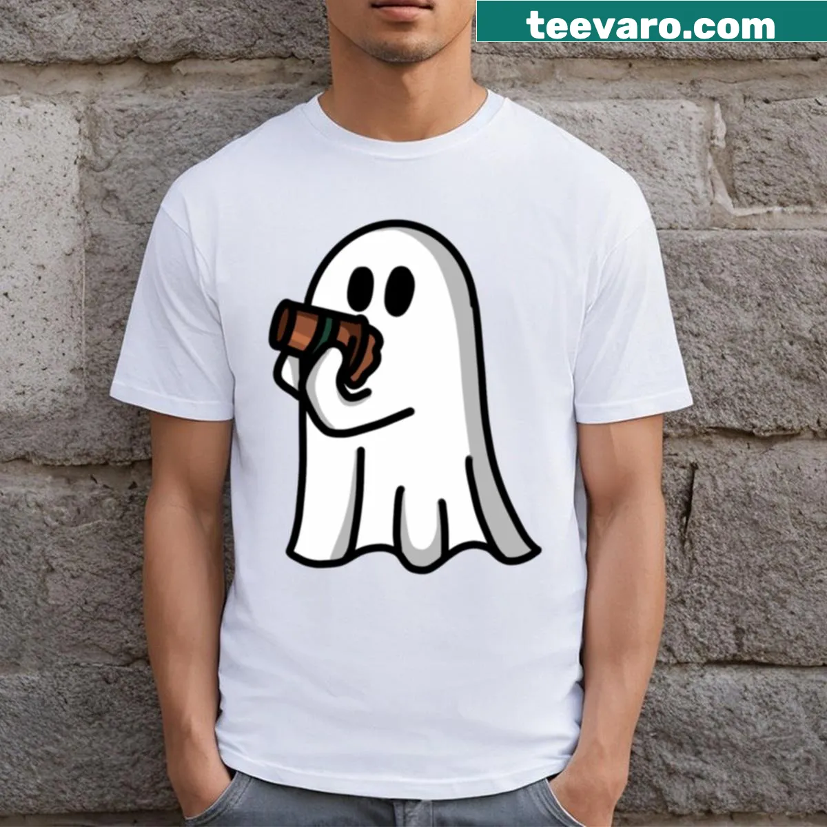Quirky T-shirt with a ghost holding iced coffee. — on a men's t-shirt