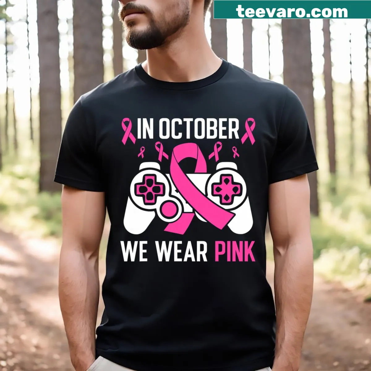 Kids gaming t-shirt promoting breast cancer awareness with pink text — on a men's t-shirt