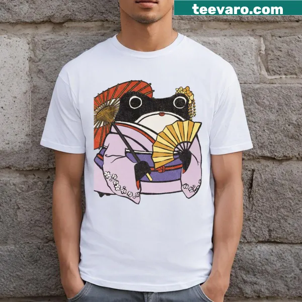 Woodblock print t-shirt featuring a geisha and a frog in traditional style