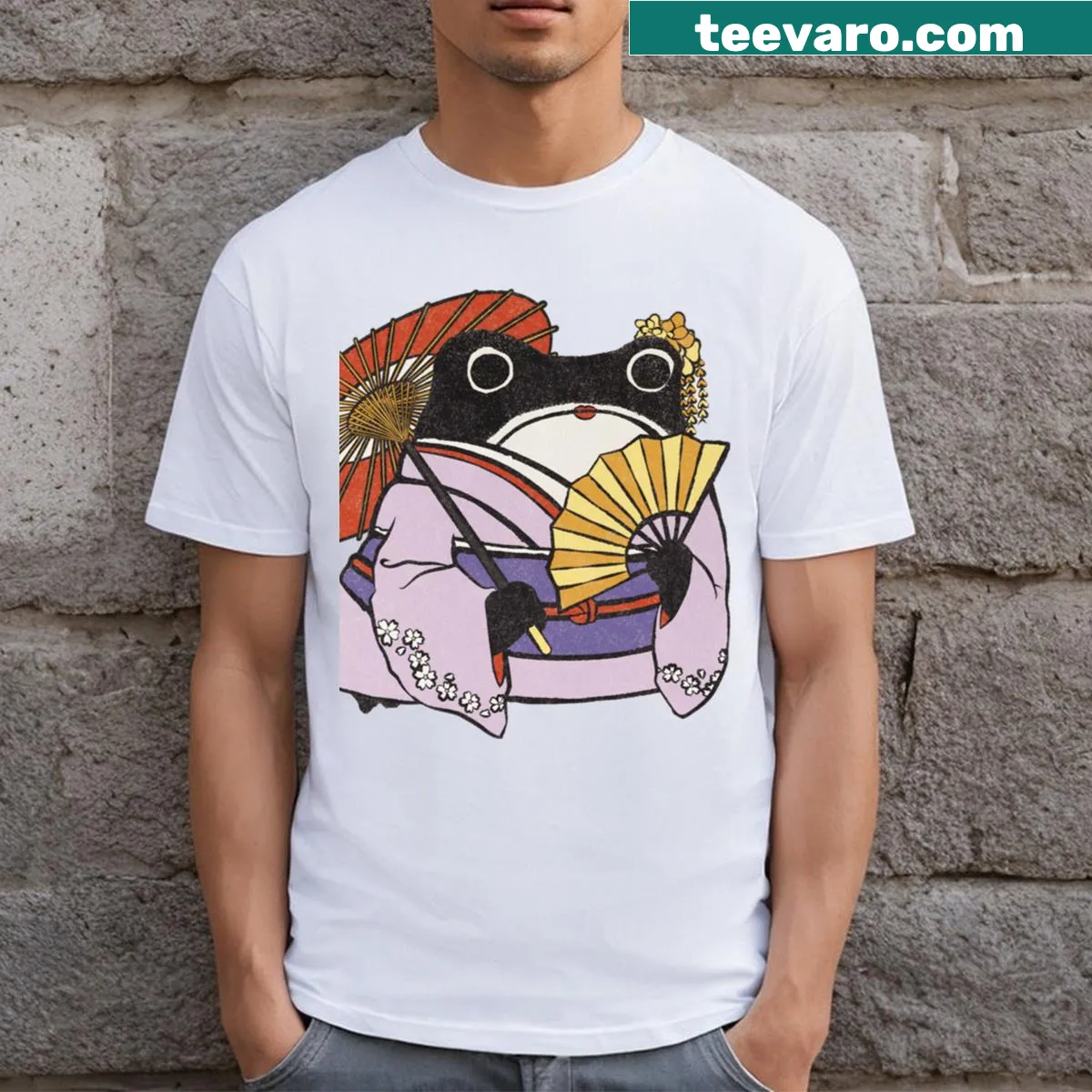 Woodblock print t-shirt featuring a geisha and a frog in traditional style — on a men's t-shirt