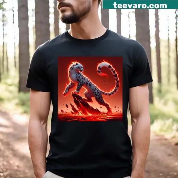 AI-generated art of a snow leopard with lava background on shirt.