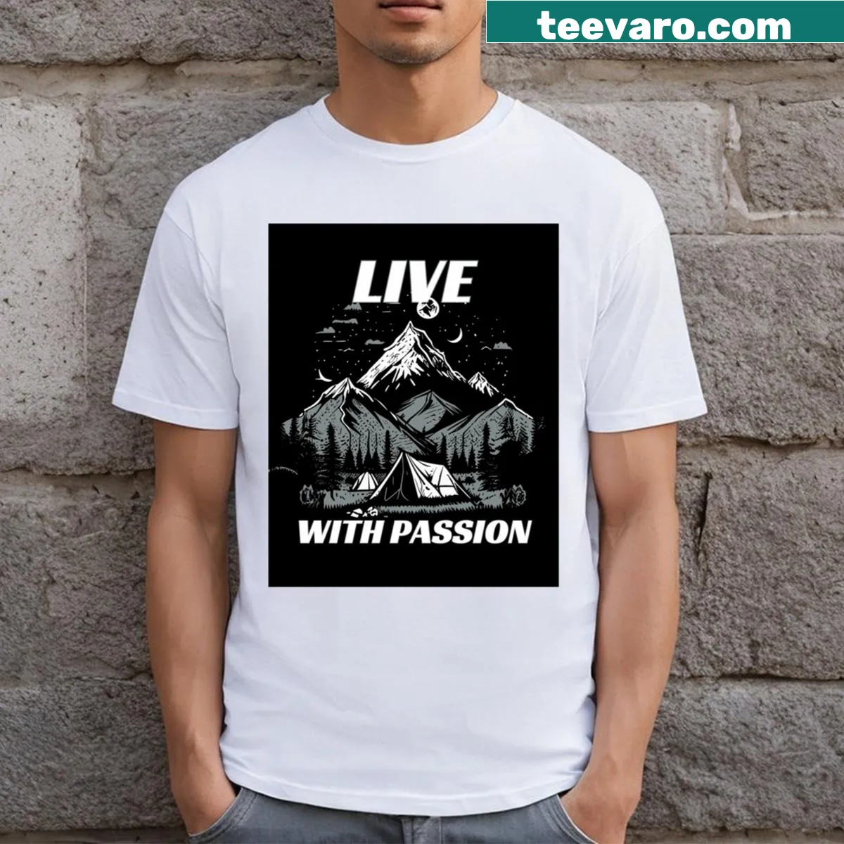 Text on shirt: Live With Passion. — on a men's t-shirt