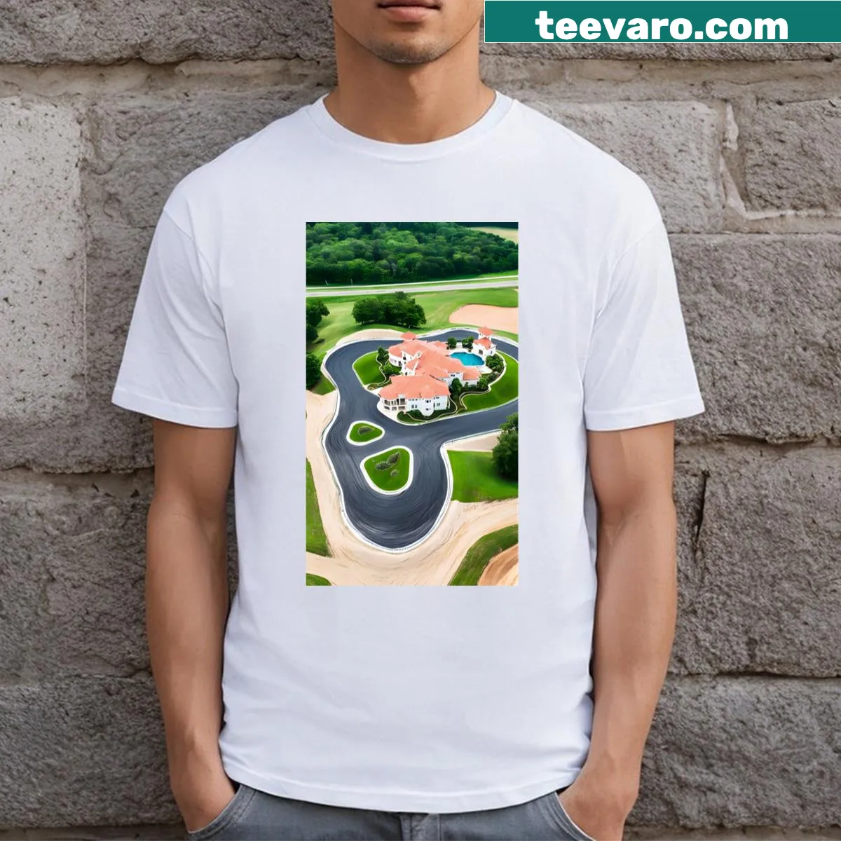 Illustration of a luxury mansion with pool and racetrack on a long t-shirt — on a men's t-shirt