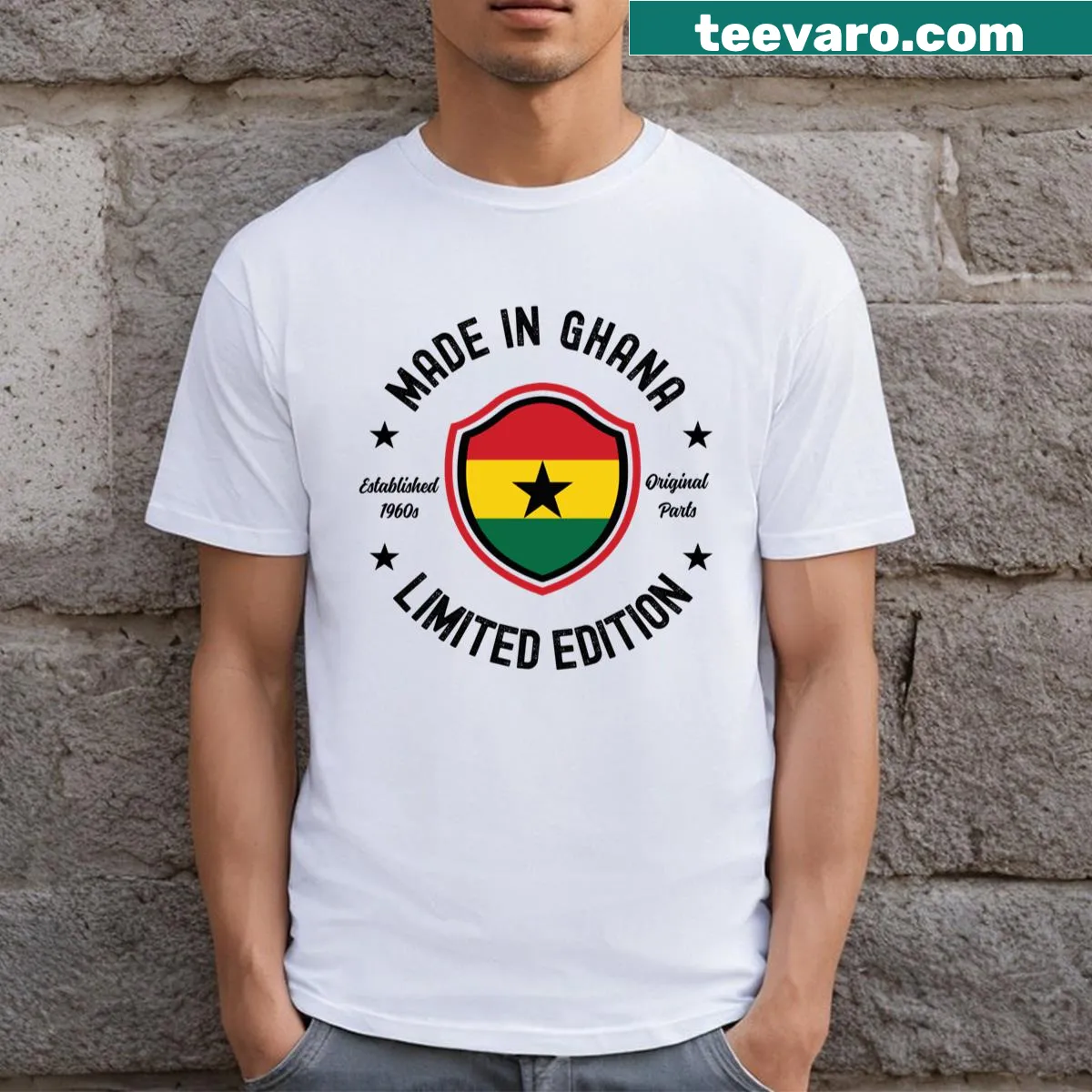 Typography design stating 'Made In Ghana' on a T-shirt — on a men's t-shirt