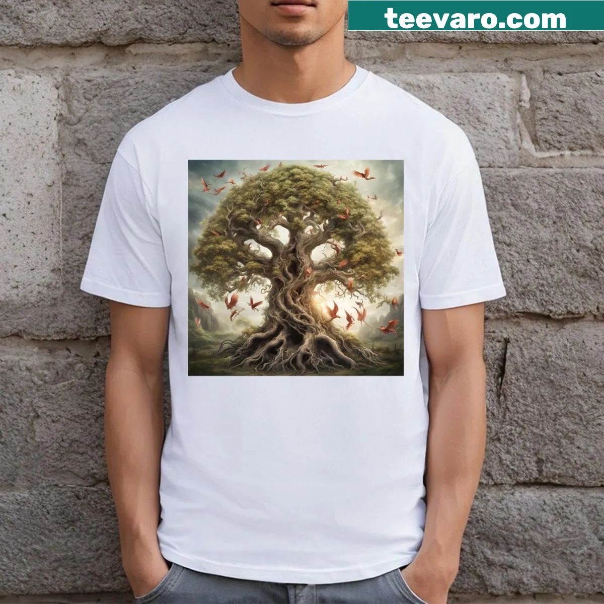 Illustration of a magical phoenix tree in a fairytale landscape on a t-shirt — on a men's t-shirt