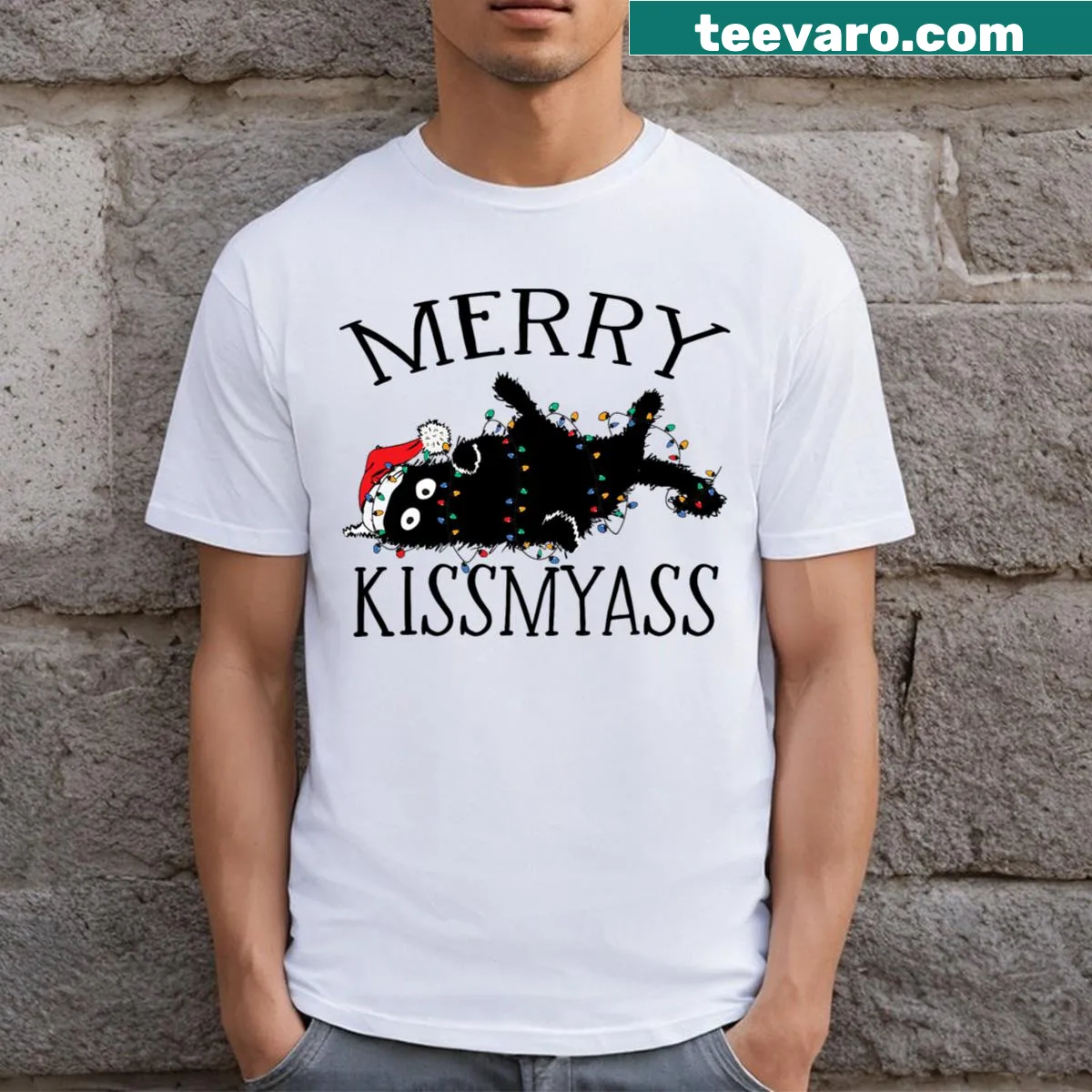 Funny t-shirt featuring a cat tangled in Christmas lights — on a men's t-shirt
