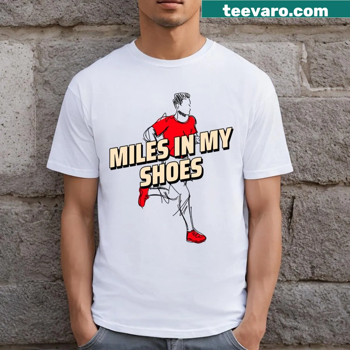 Inspirational typography t-shirt with 'Miles In My Shoes' text — on a men's t-shirt